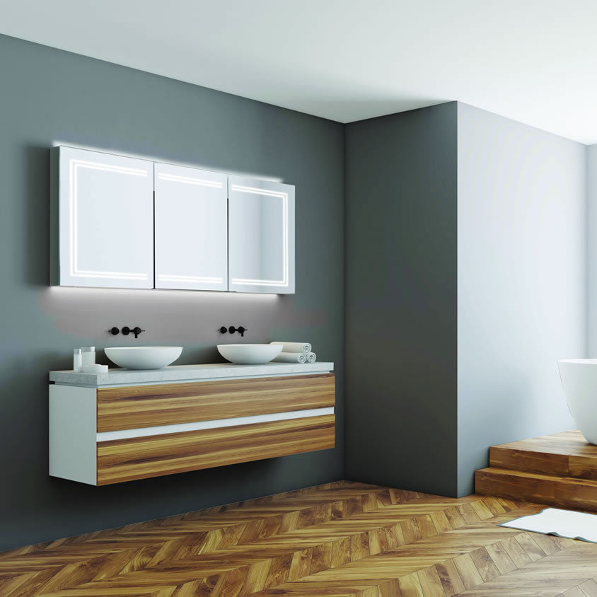 LED bathroom mirror cabinet with double doors and demister – Bathtime UK