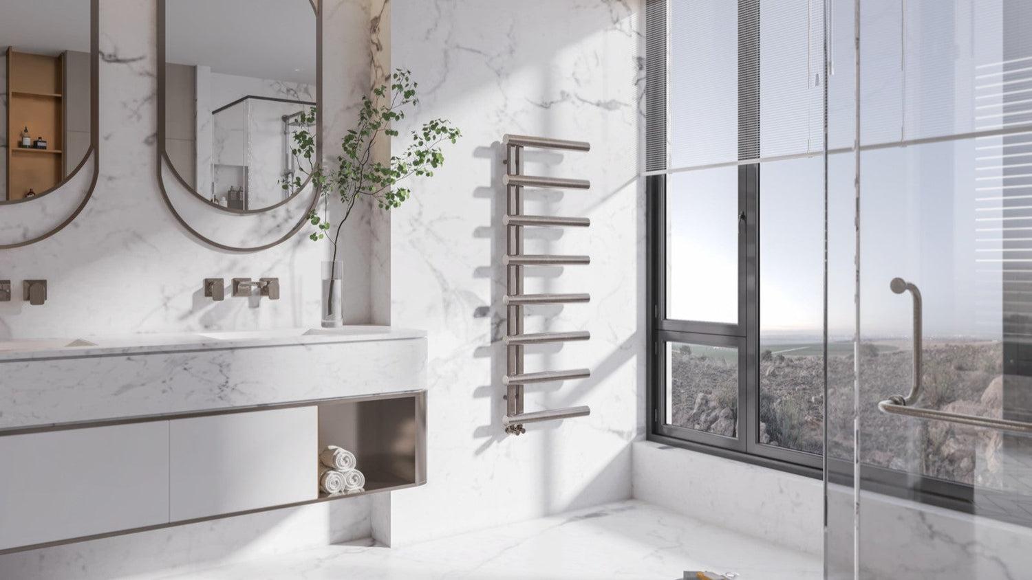 Brushed brass ladder radiator with heated towels in luxury en-suite – Bathtime UK