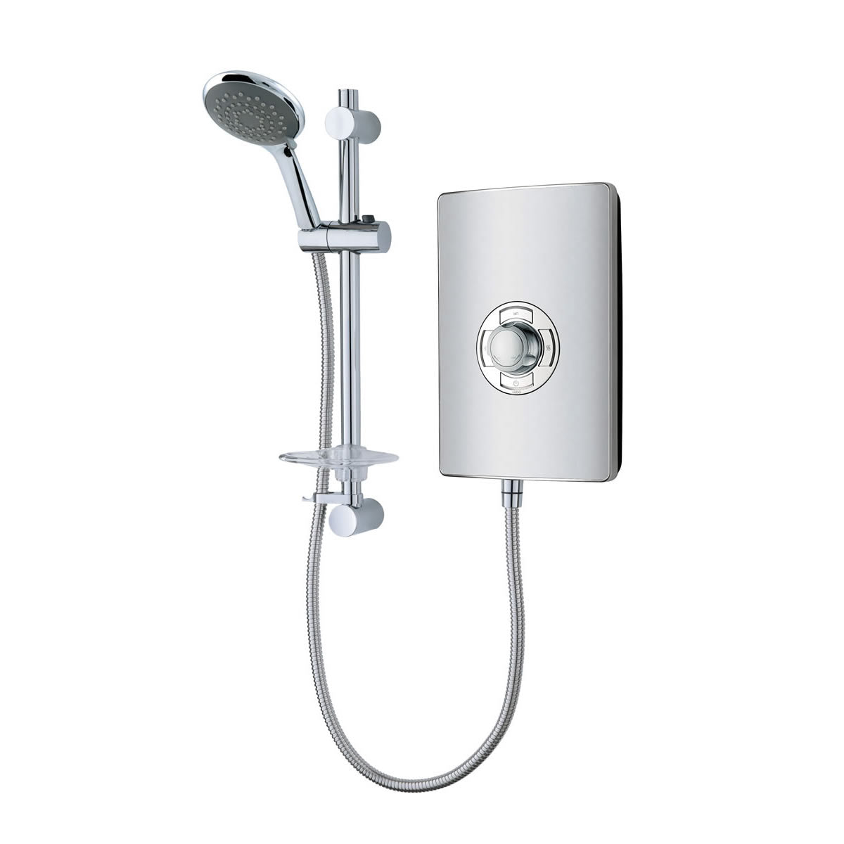 Slim chrome electric shower unit with large dial and power button – Bathtime UK