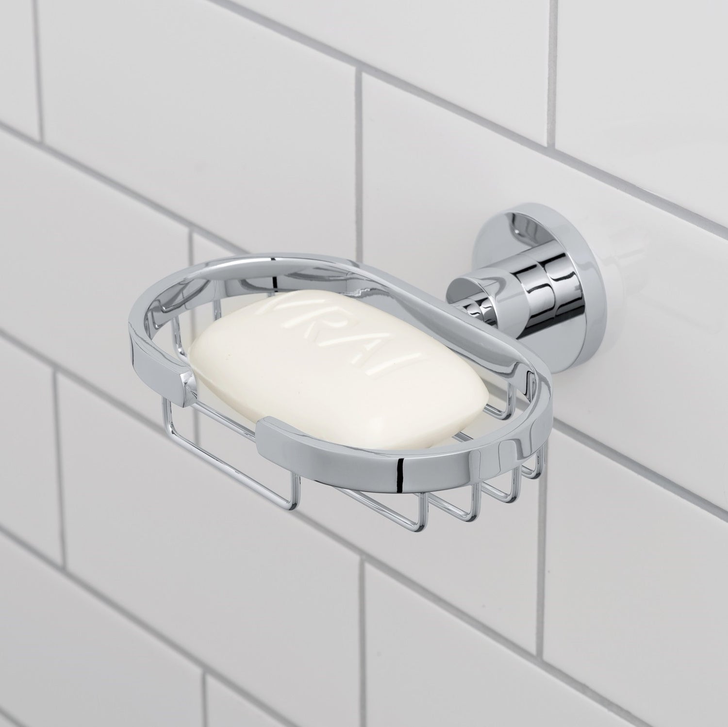 Wall-mounted soap dish with chrome bracket in modern bathroom – Bathtime U
