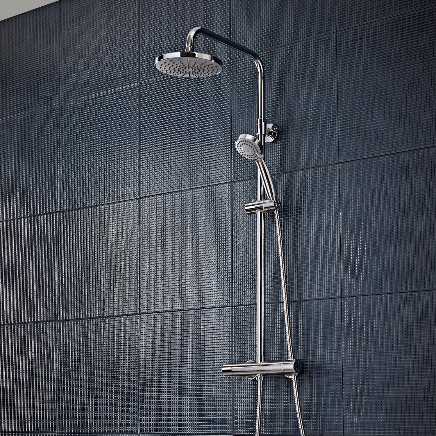 Chrome thermostatic bar valve shower set mounted above bath – Bathtime UK