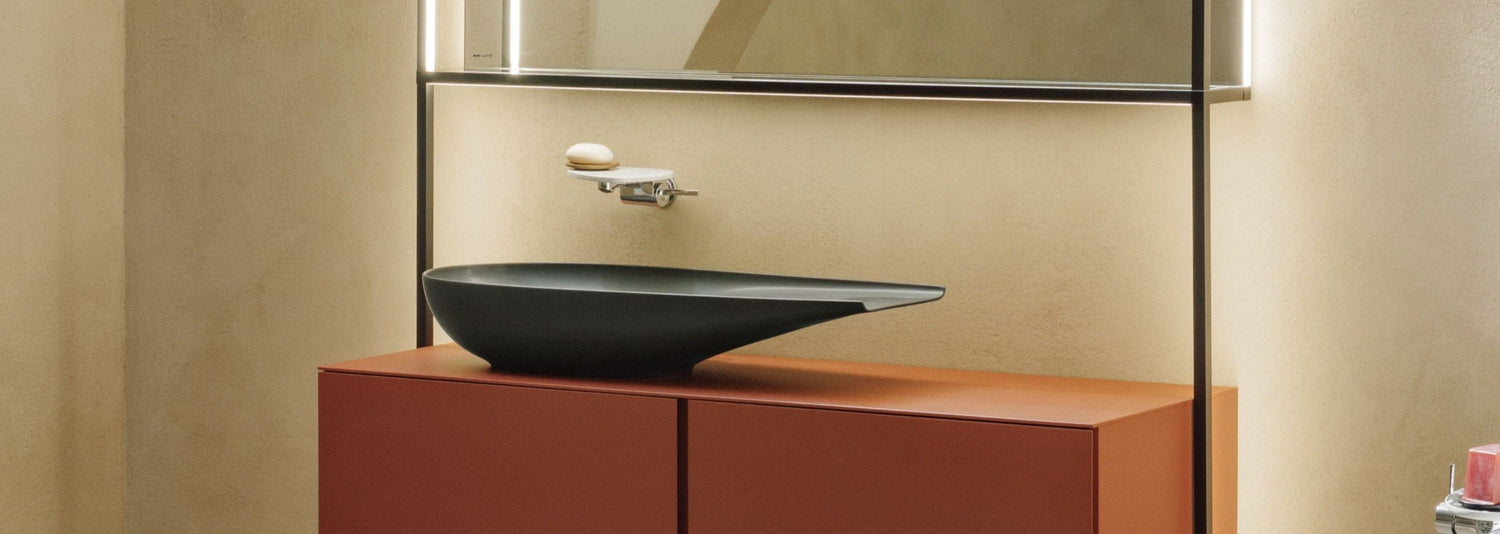 Counter top basin with chrome mono tap on oak vanity – Bathtime UK