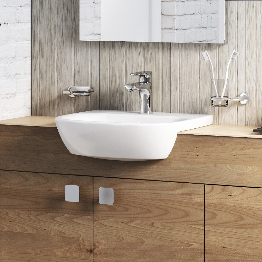 Semi-recessed basin projecting from slim vanity top – Bathtime UK