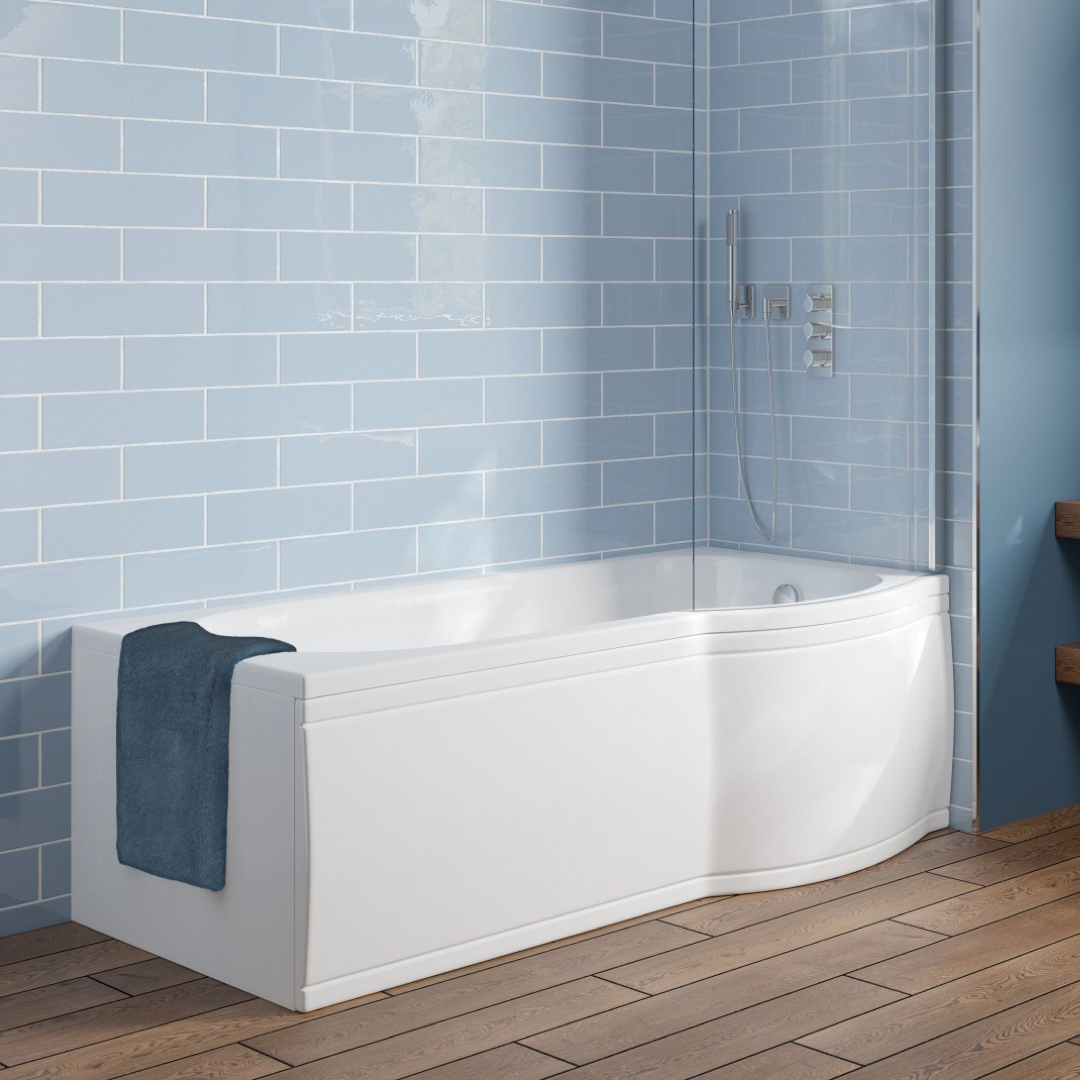 White P-shaped shower bath with curved screen and chrome mixer – Bathtime UK