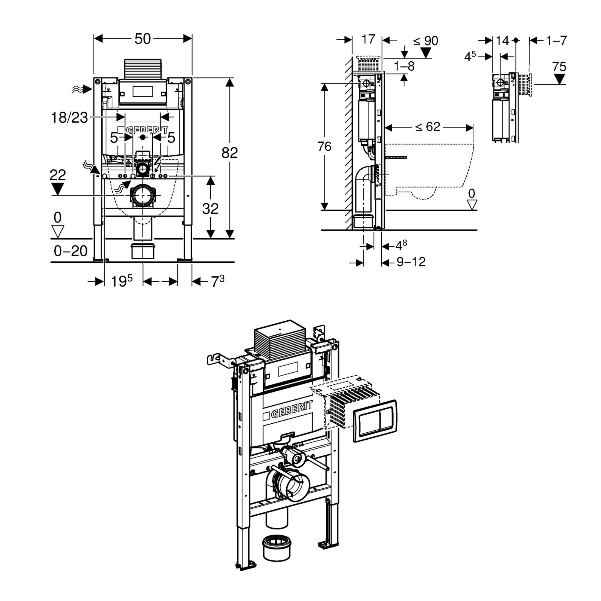 Geberit Duofix 82cm WC Frame with Alpha Concealed Cistern for Wall-hung WC incl Flush Plate
