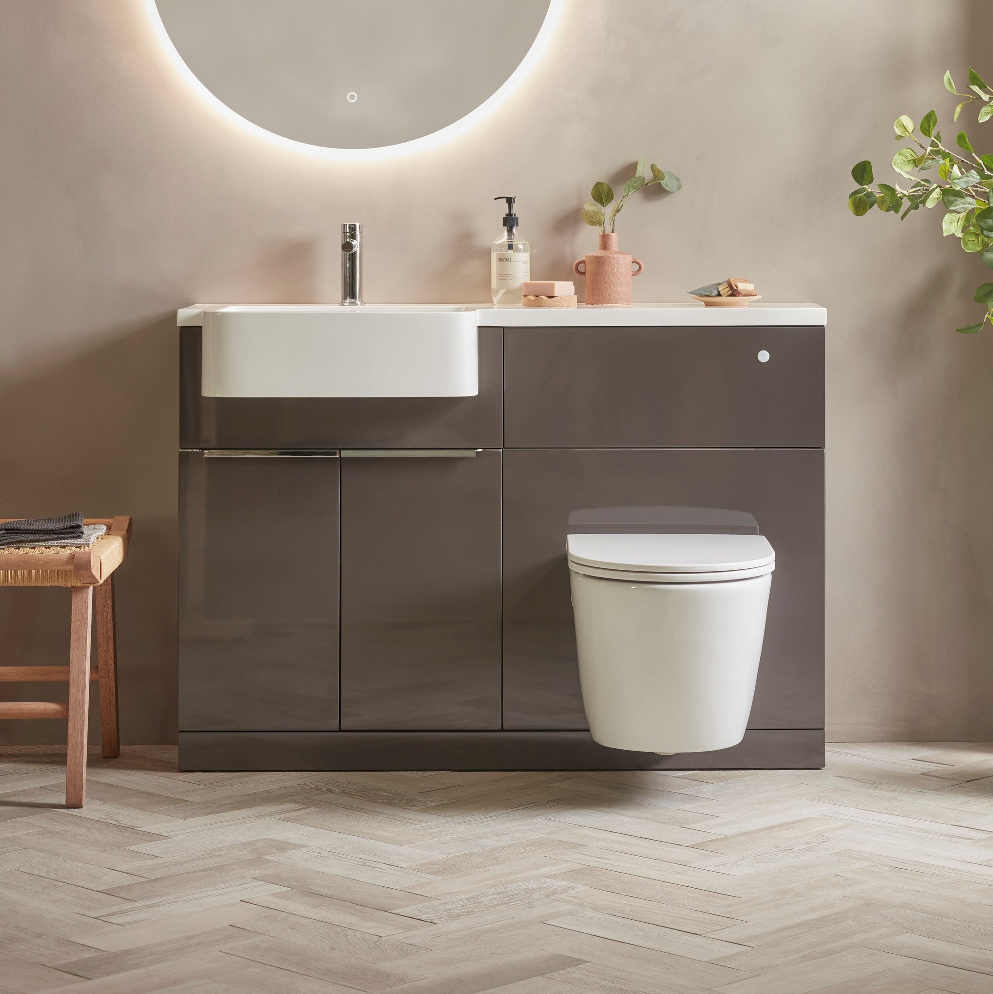 Tavistock Match 1200mm Combination Unit - Gloss Clay (L or R Hand) against pal wall underneath a light up mirror MAT12LC