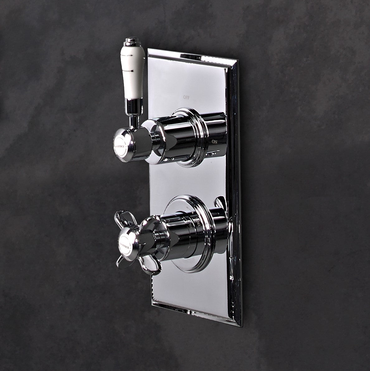 Tavistock Varsity Concealed Dual Function Diverter System - Chrome close up view of the shower controls grey background SVA1615