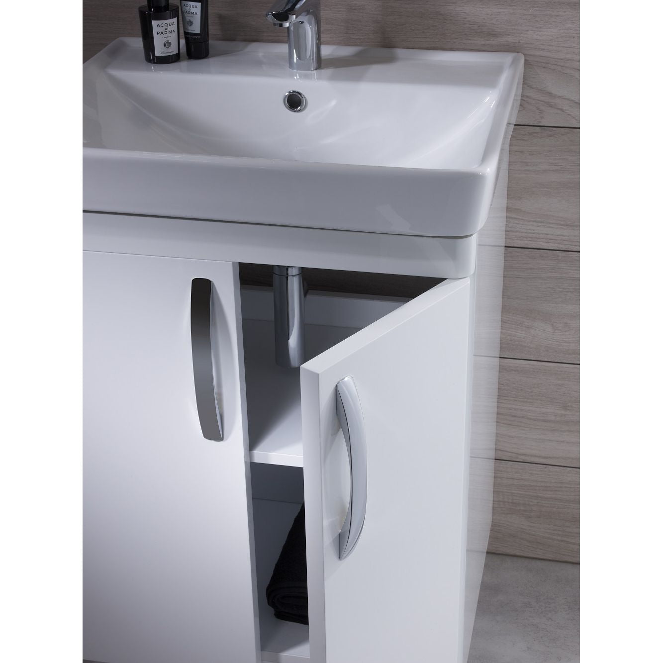 Tavistock Compass 600mm Floor reaching Unit & Basin - Various Colours open close up against wooden wall CM600FW