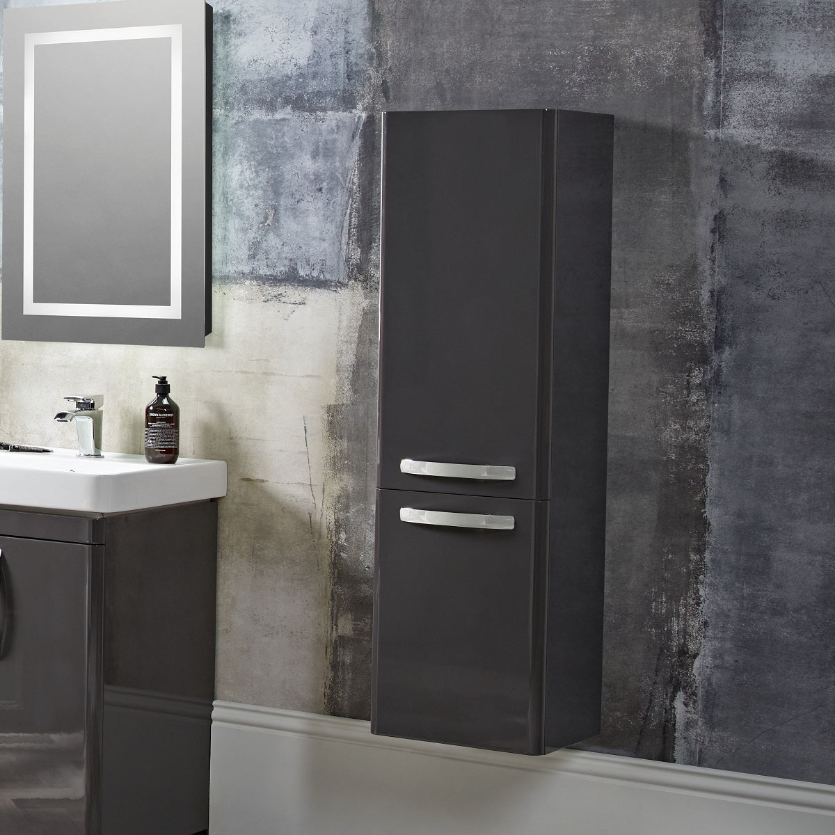 Tavistock Compass 350mm Storage Column - Various Colours against wallpaper design with basin and mirror on the left