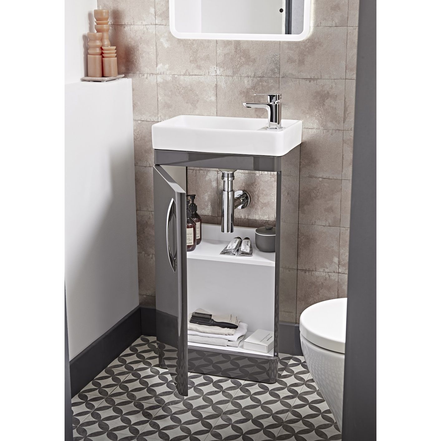 Tavistock 450mm Cloakroom Unit & Basin - Various Colours open against stoned wall under a white mirror