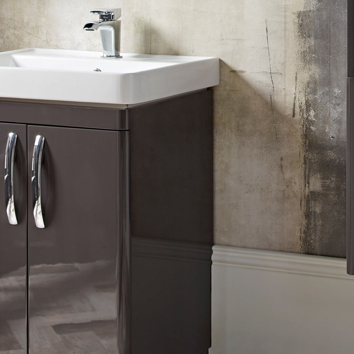 Tavistock Compass 500mm Floor reaching Unit & Basin - Various Colours against wallpaper design close up view CM500FC