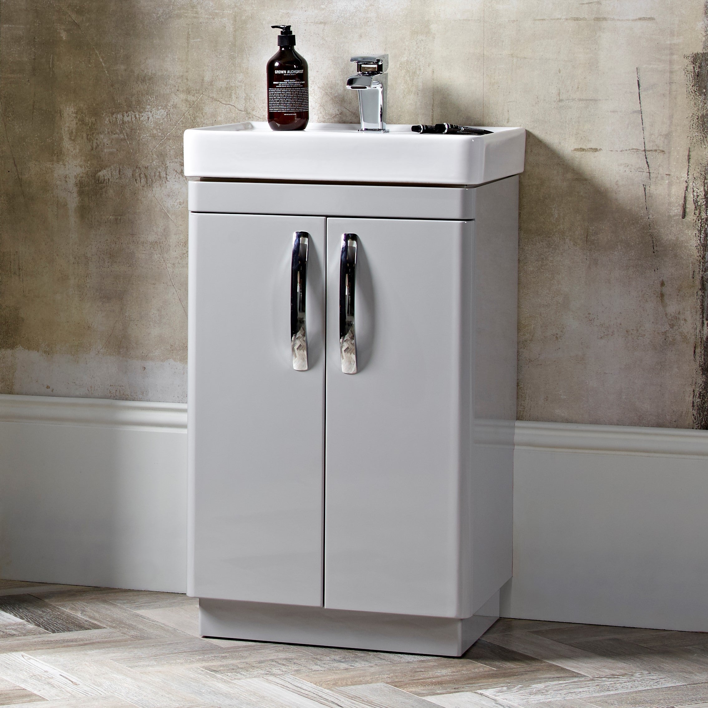 Tavistock Compass 500mm Floor reaching Unit & Basin - Various Colours against wallpaper design wide view  CM500FG