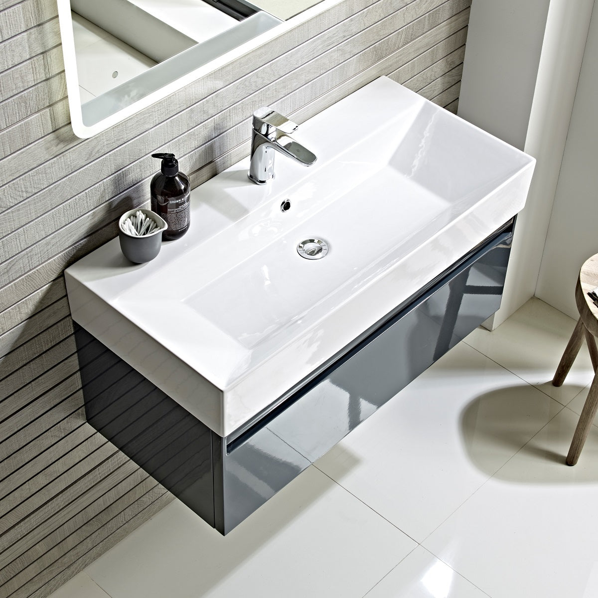 Tavistock Forum 600mm Wall Mounted Unit & Basin - Various Colours top view against wooden wall underneath a mirror FR90WOB