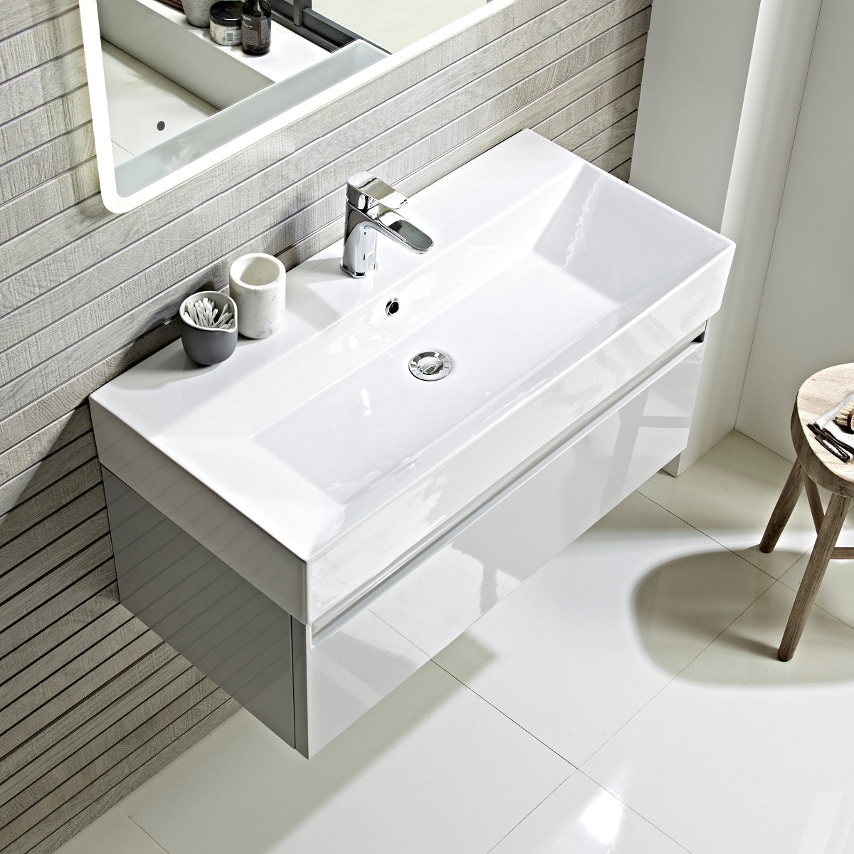 Tavistock Forum 600mm Wall Mounted Unit & Basin - Various Colours top view against wooden wall underneath a mirror  FR90WW