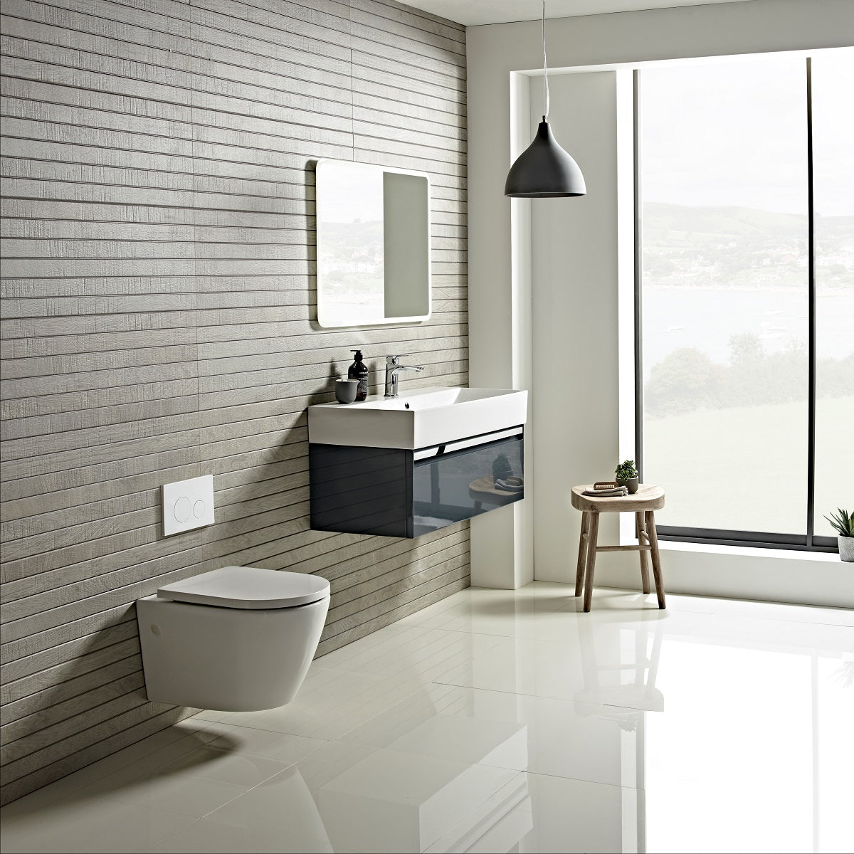 Tavistock Forum 600mm Wall Mounted Unit & Basin - Various Colours against wooden wall underneath a mirror FR90WOB