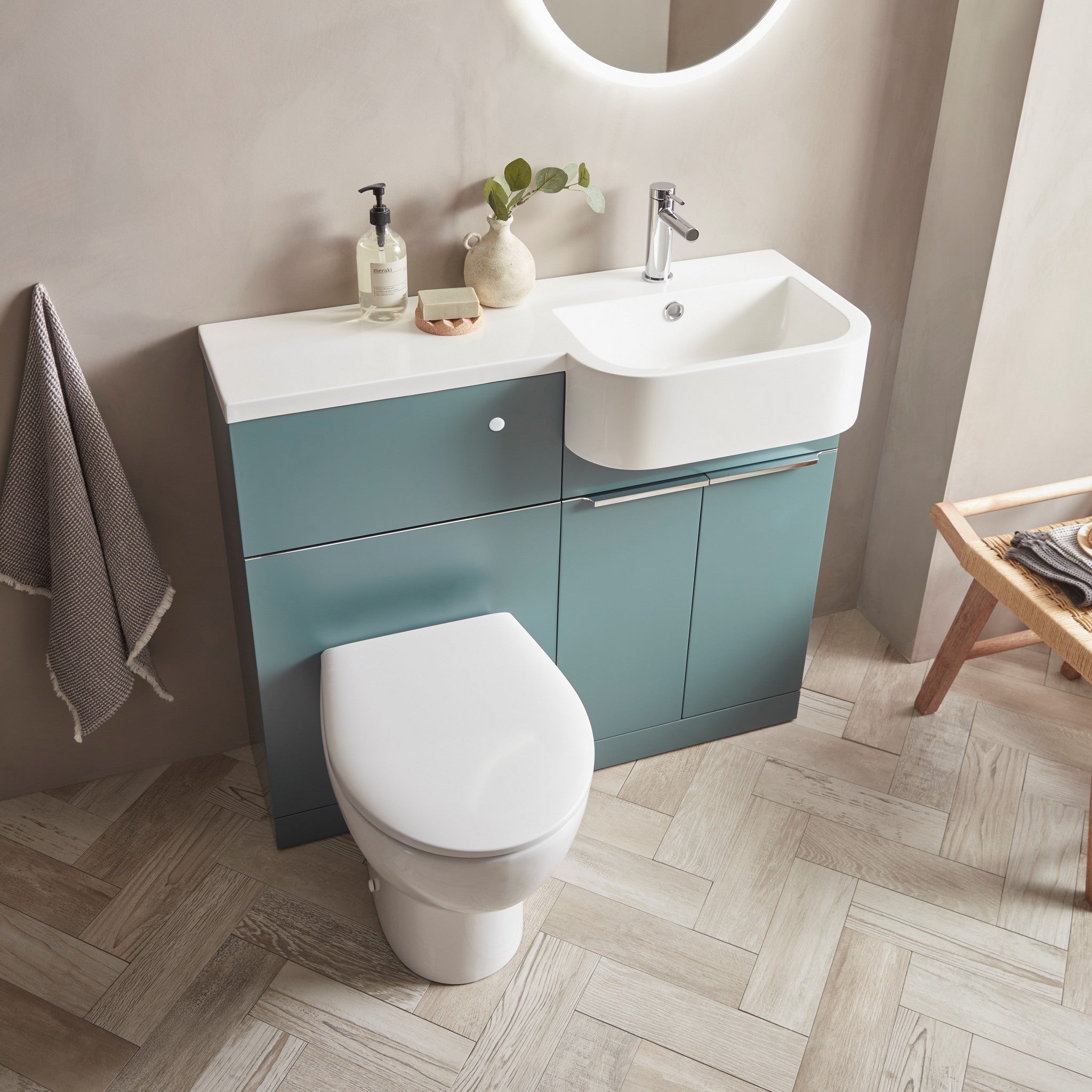 Tavistock Match 1000mm Combination Unit - Viridian Green (L or R Hand) against smooth pal wall underneath light up mirror MATRVRG