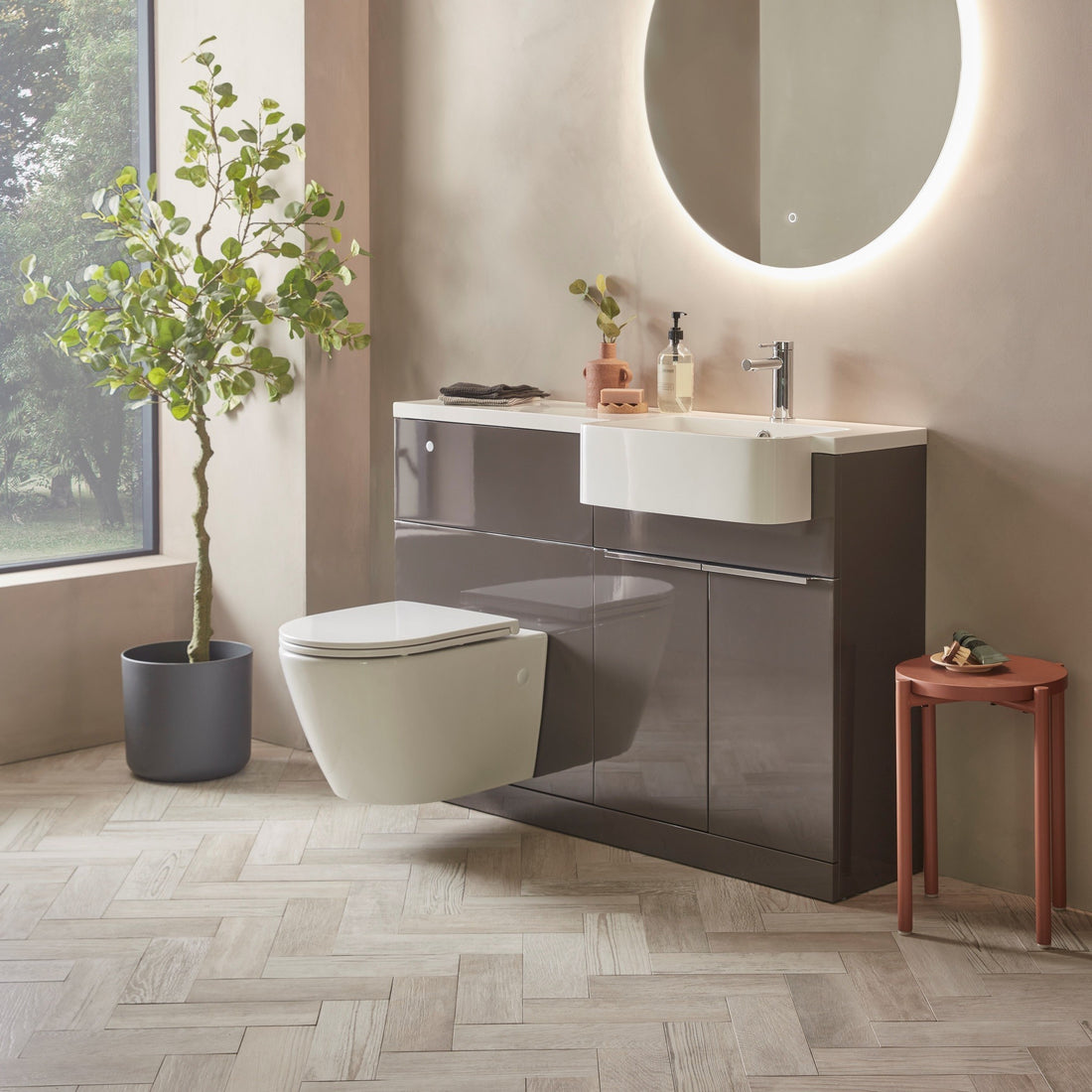 Tavistock Match 1200mm Combination Unit - Gloss Clay (L or R Hand) against pal wall underneath a light up mirror MAT12RC