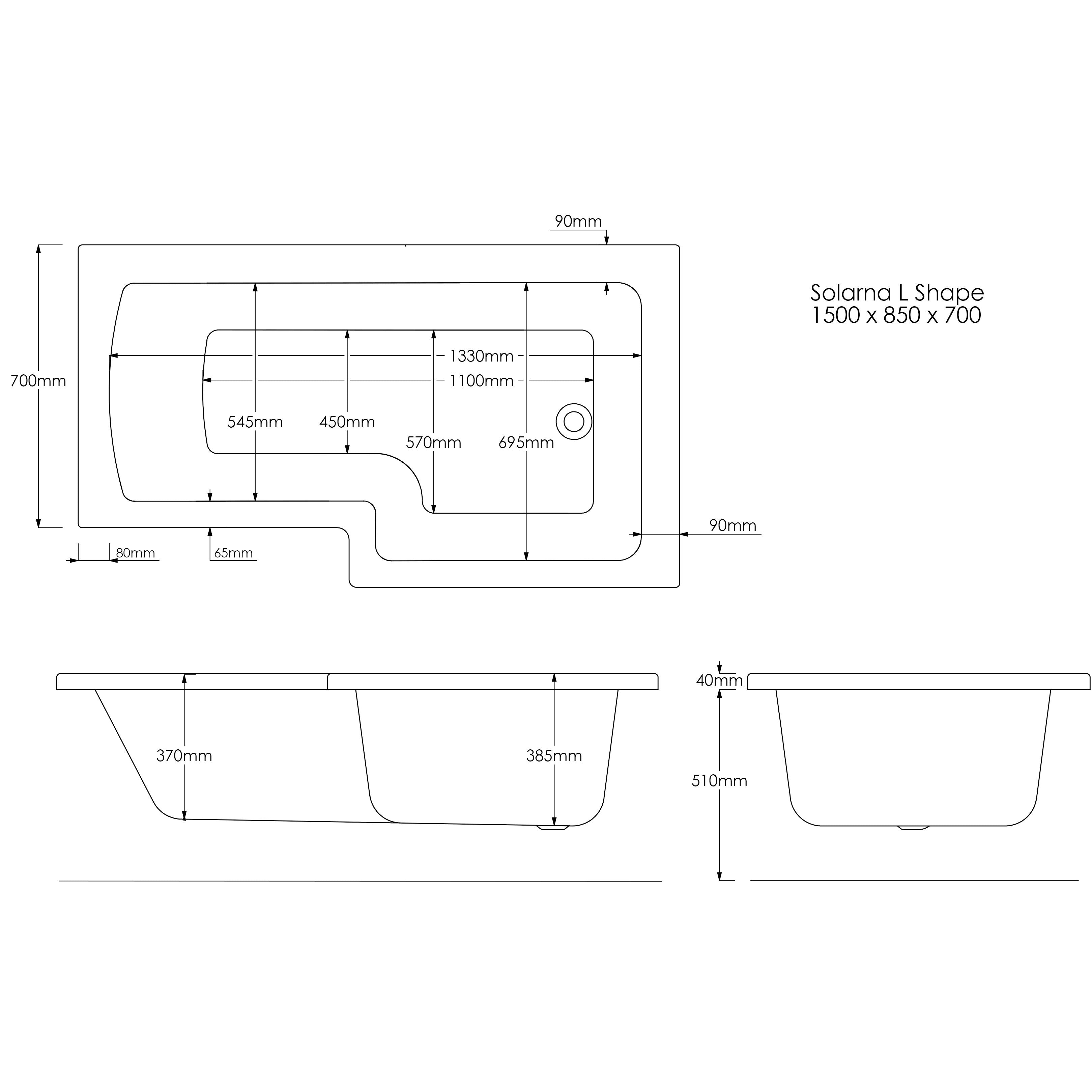 Santana L-Shaped Shower Bath - Left Hand (1500 x 850 x 700)