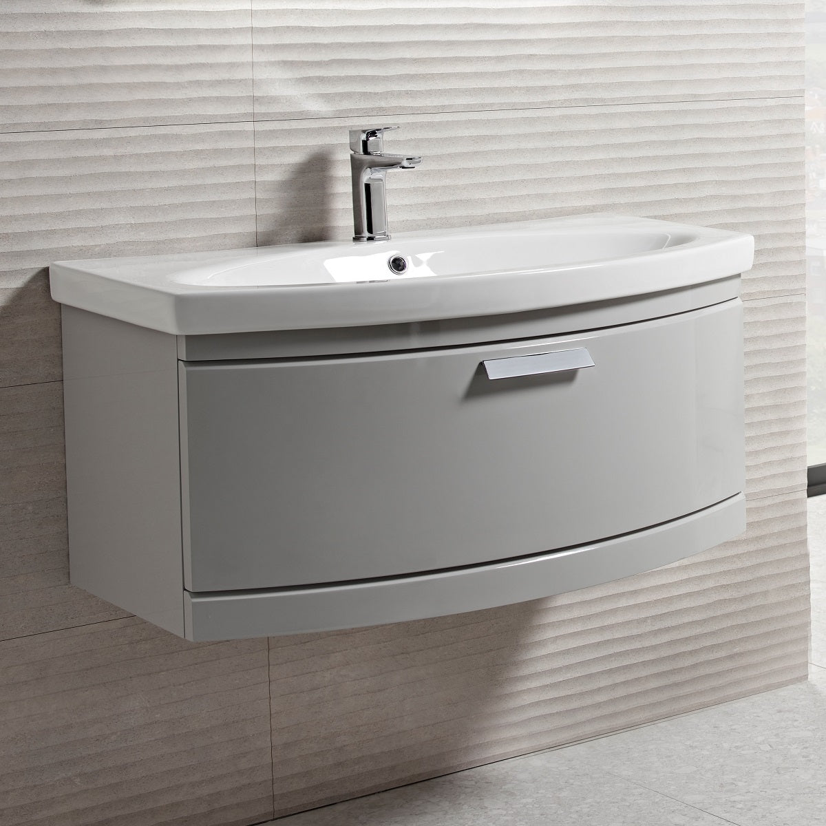 Tavistock Tempo 900mm Wall Mounted Unit & Basin - Various Colours against white stone wall design TE900WG