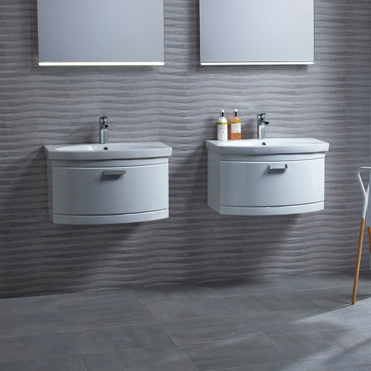 Tavistock Tempo 650mm Wall Mounted Unit & Basin - Various Colours two basins against stone wall design and two mirrors above TE650WW