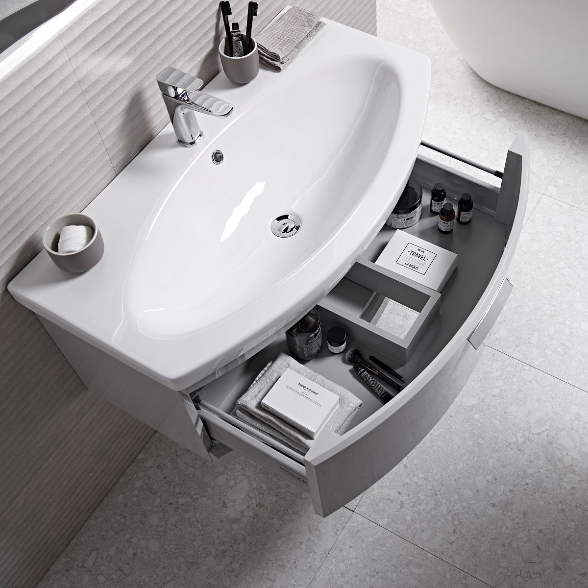 Tavistock Tempo 900mm Wall Mounted Unit & Basin - Various Colours open door top view against a white stone design TE900WG