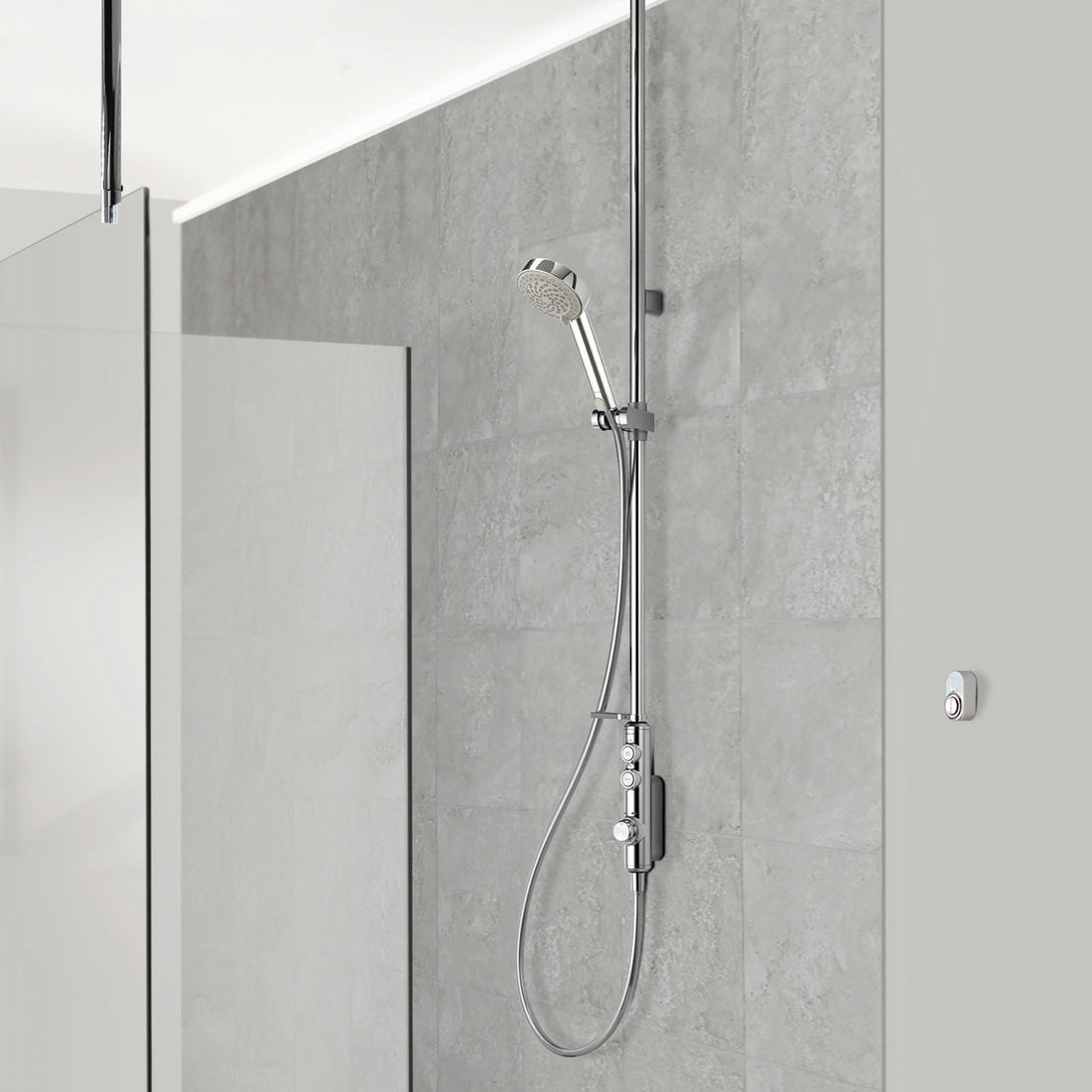 Aqualisa Isystem Smart Shower - Exposed With Adjustable Head against a light grey wall panel ISD.A1.EV.21