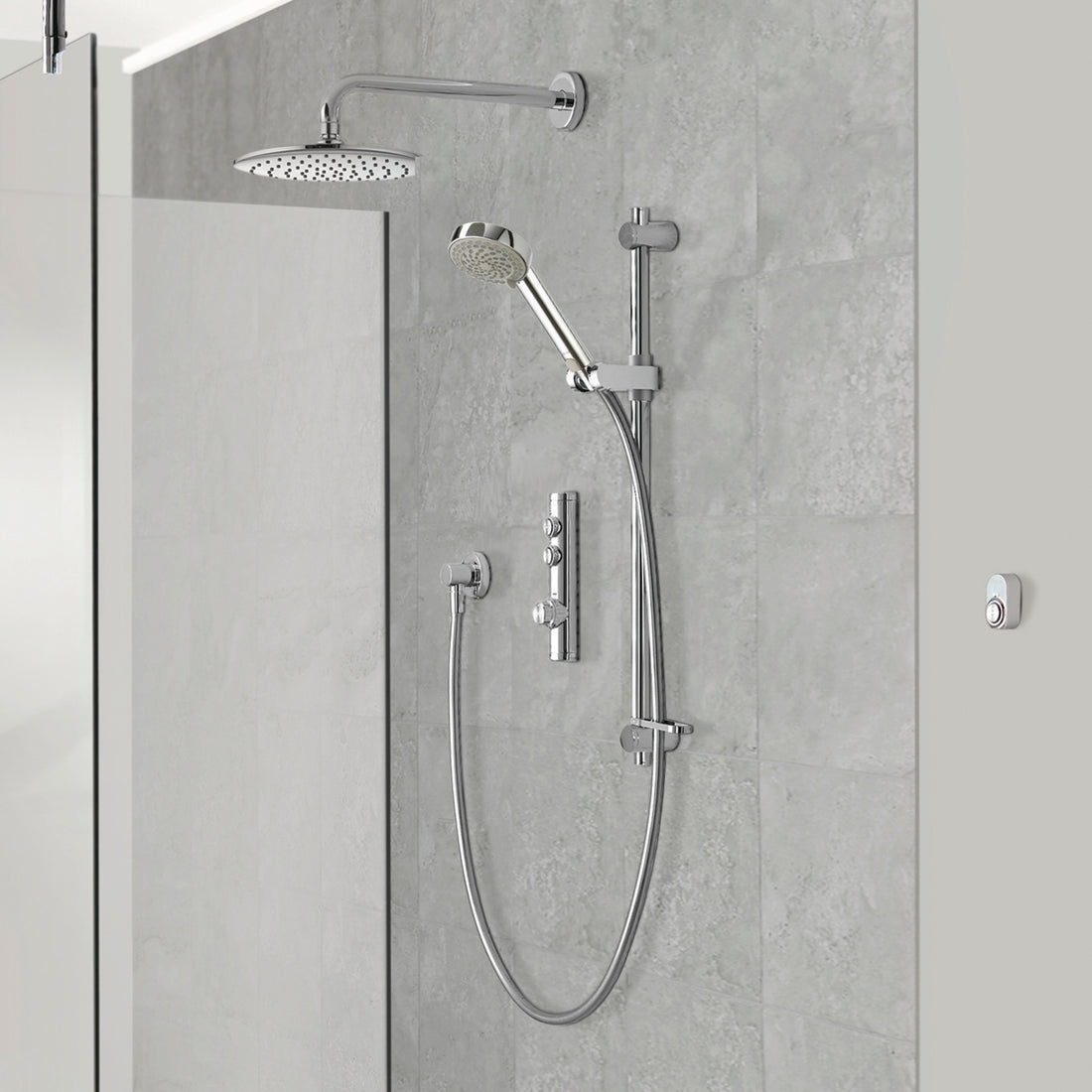 Aqualisa Isystem Smart Shower - Concealed With Adjustable &amp; Wall Fixed Head against light grey wall panel ISD.A1.BV.DVFW.21