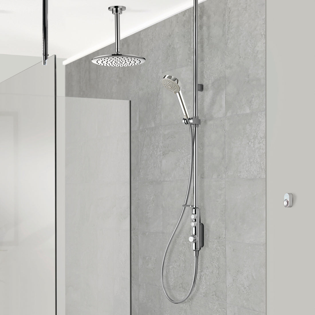 Aqualisa Isystem Smart Shower - Exposed With Adjustable &amp; Ceiling Fixed Head against white wall panel ISD.A1.EV.DVFC.21