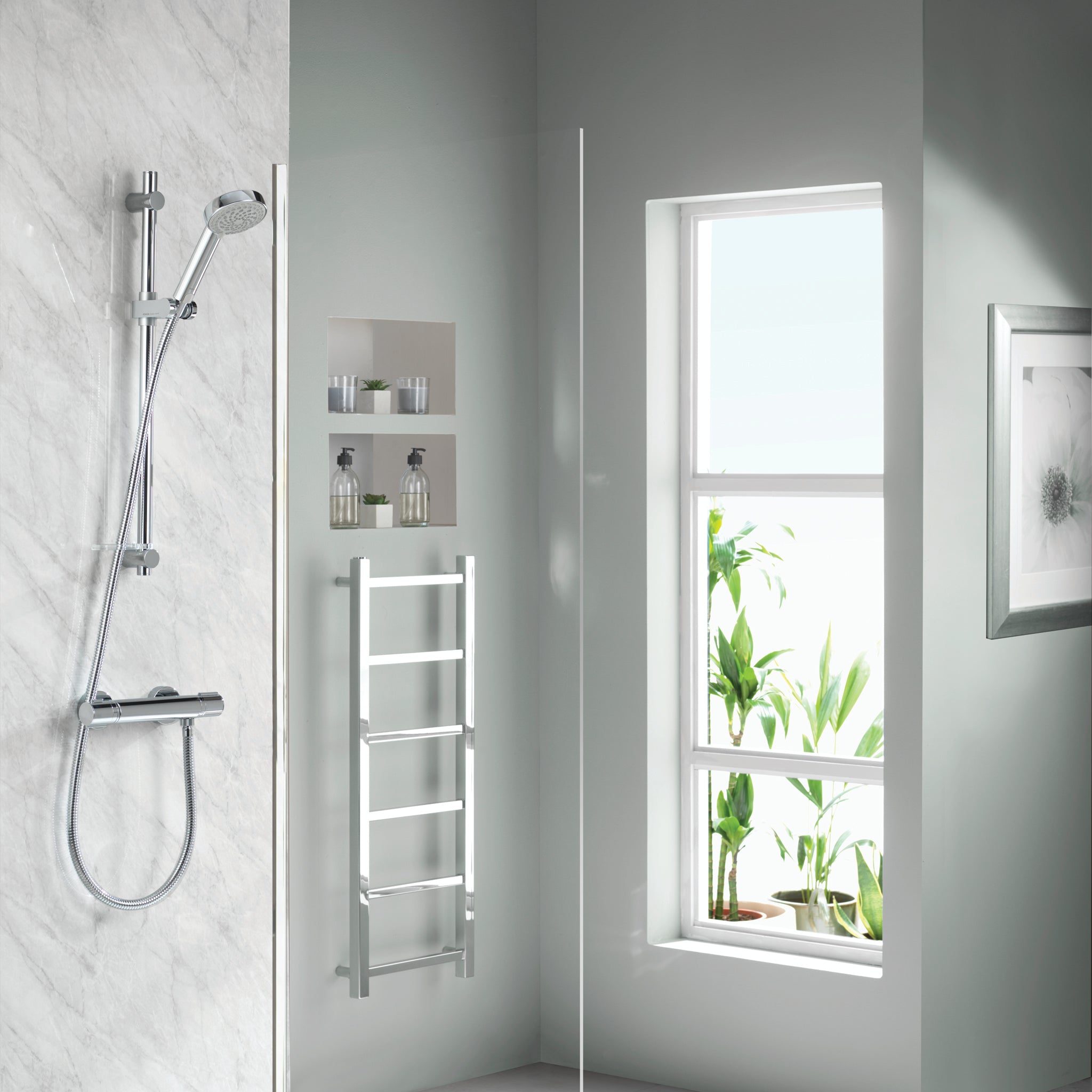 Aqualisa Midas 110 Bar Shower - Exposed With Adjustable Head against shower wall panels in white MD110S