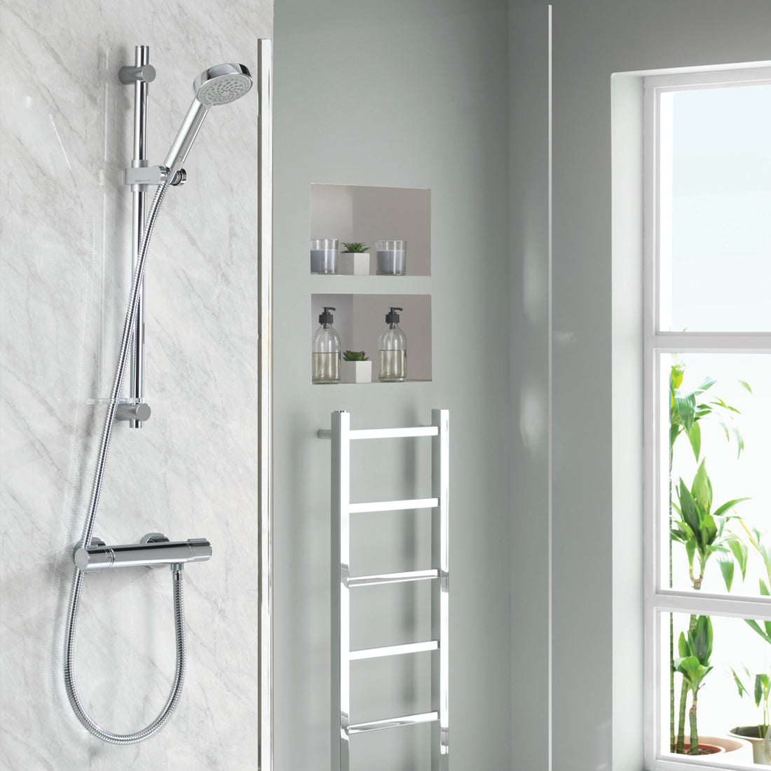Aqualisa Midas 110 Bar Shower - Exposed With Adjustable Head against shower wall panels in white MD110S