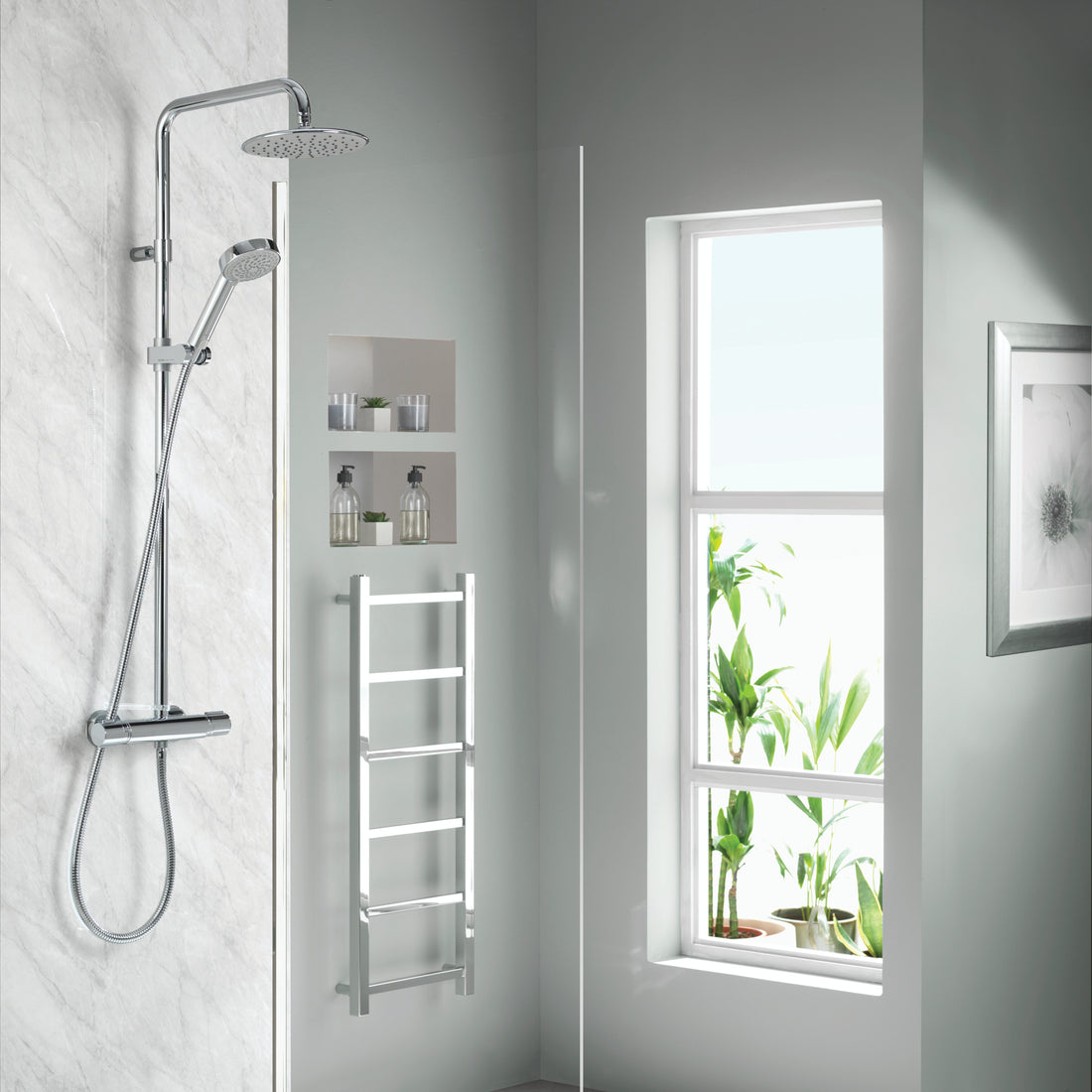 Aqualisa Midas 110 Shower Column - Exposed With Adjustable And Fixed Head against wall panel in white MD110SC