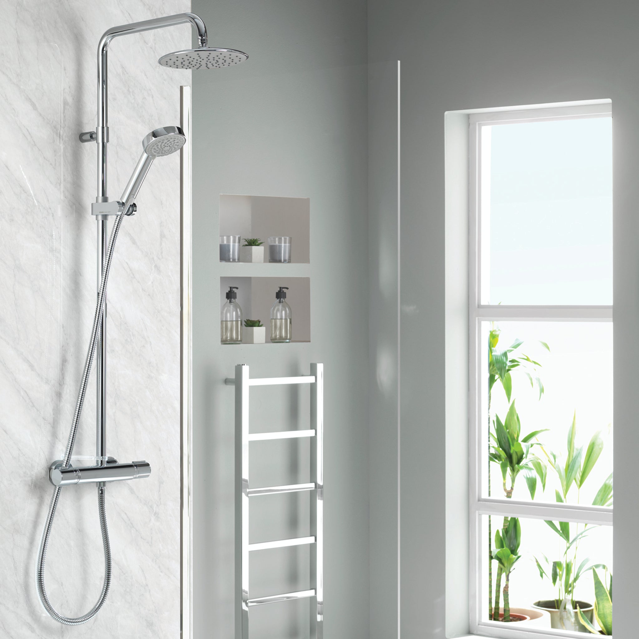 Aqualisa Midas 110 Shower Column - Exposed With Adjustable And Fixed Head against wall panel in white MD110SC