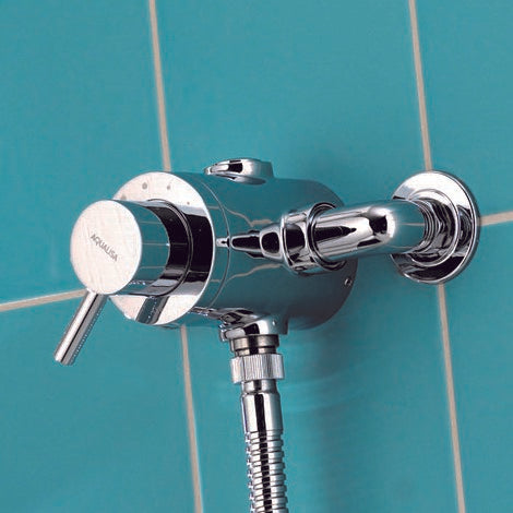 Aqualisa Siren Shower - Exposed With Adjustable Head against light blue wall SRN001EA