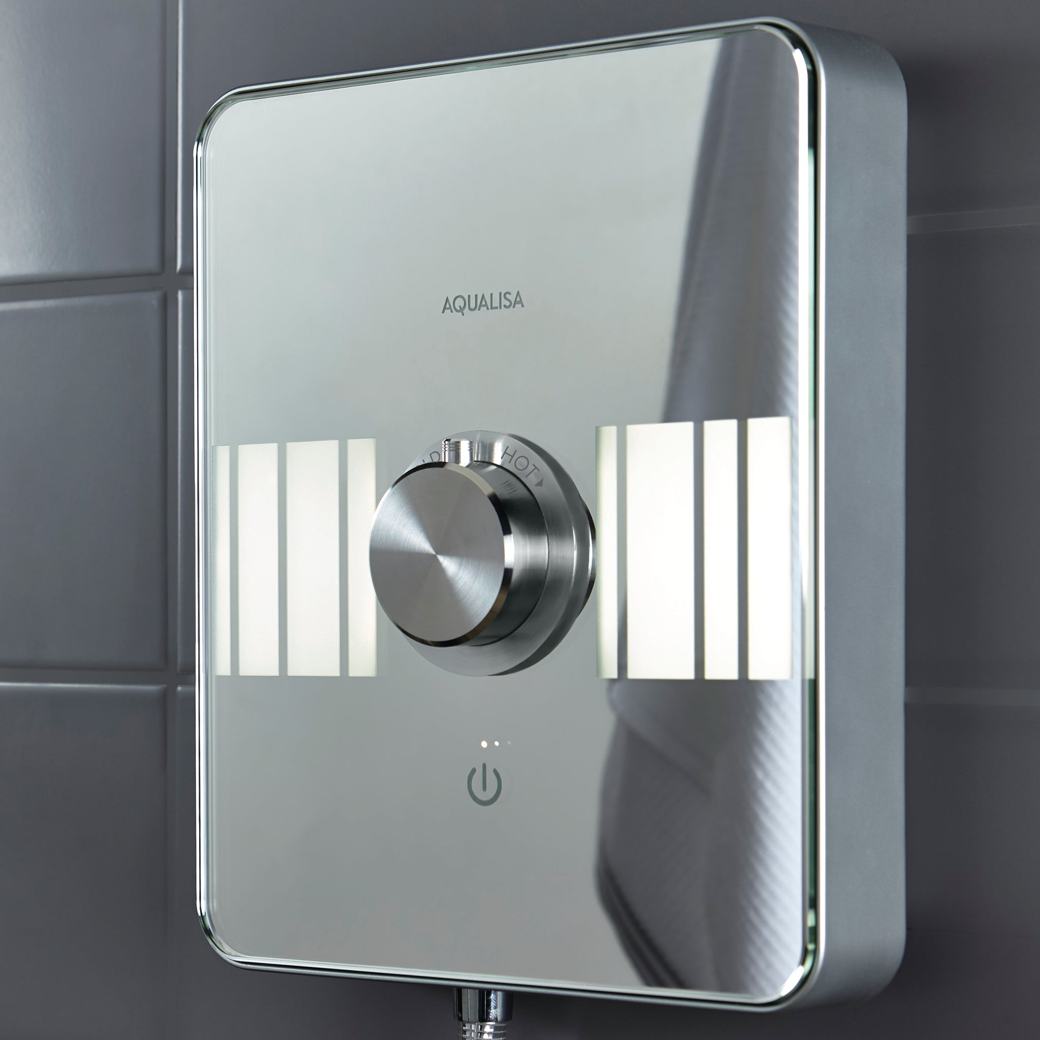 Aqualisa Lumi Electric 8.5Kw Shower With Adjustable Head against grey wall panels LME8501