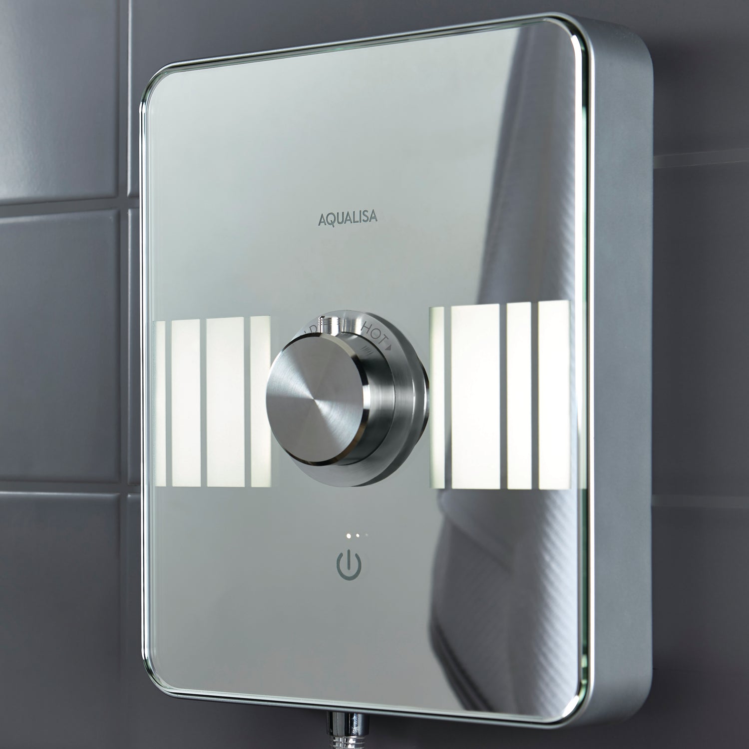 Aqualisa Lumi Electric 9.5Kw Shower With Adjustable Head against grey wall panels LME9501