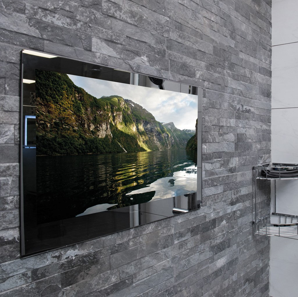 ProofVision 43inch Premium Bathroom Smart TV against grey stoned wall PV43BF-A