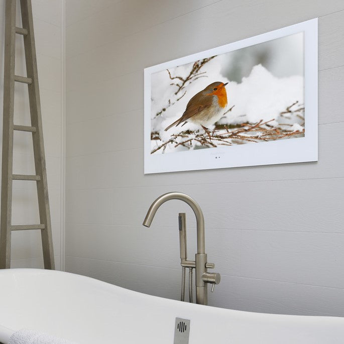ProofVision 32inch Premium Bathroom Smart TV against white tiles above bathtub PV32WF-A