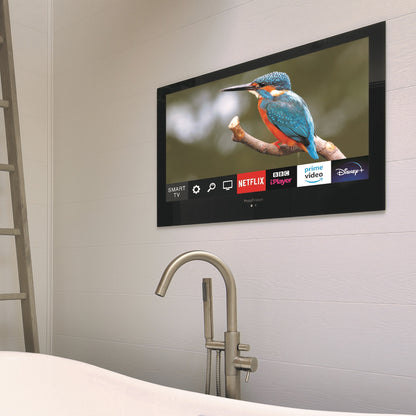 ProofVision 32inch Premium Bathroom Smart TV against white tiles above bathtub PV32BF-A