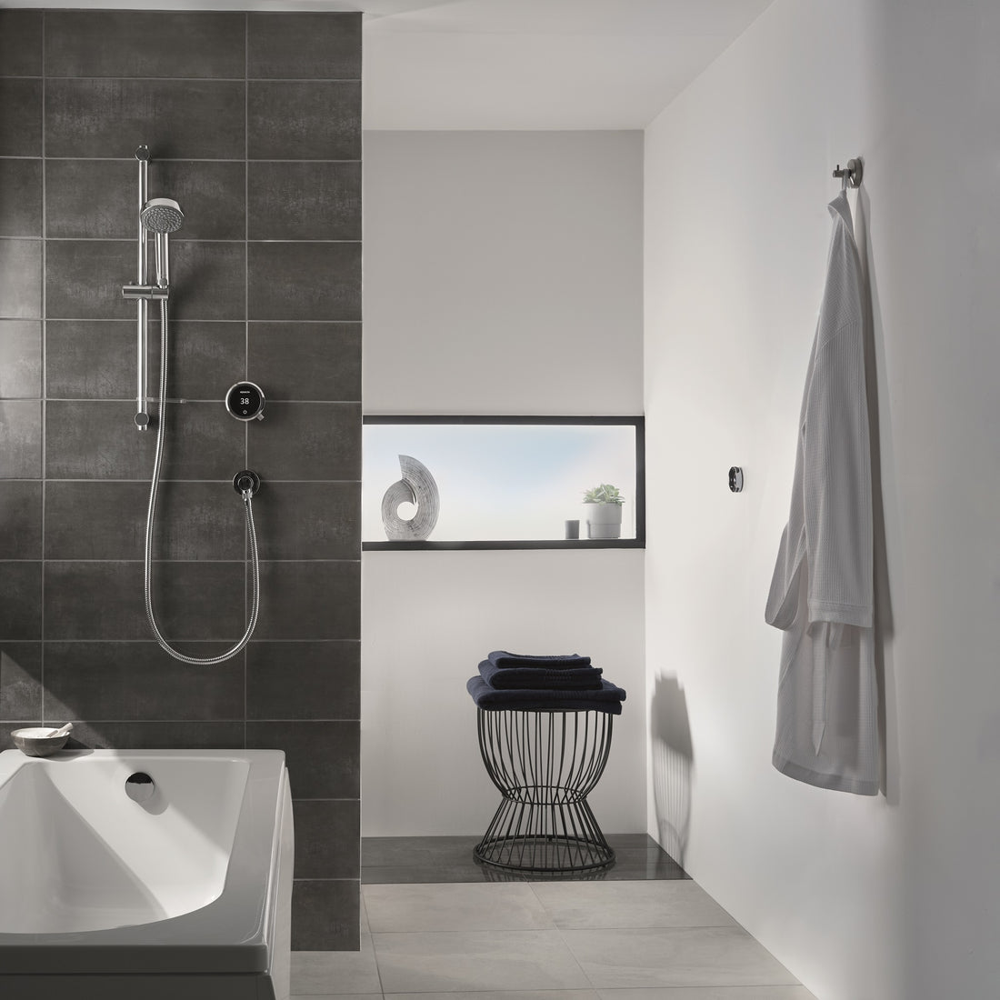 Aqualisa Quartz Touch Smart Shower - Concealed With Adjustable Head &amp; Bath Overflow Filler against grey tiling QZST.A1.BV.DVBTX.20