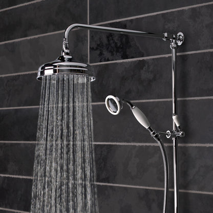 Tavistock Varsity Exposed Dual Function Shower System - Chrome up close view of the two shower heads against dark grey tiling SVA1712