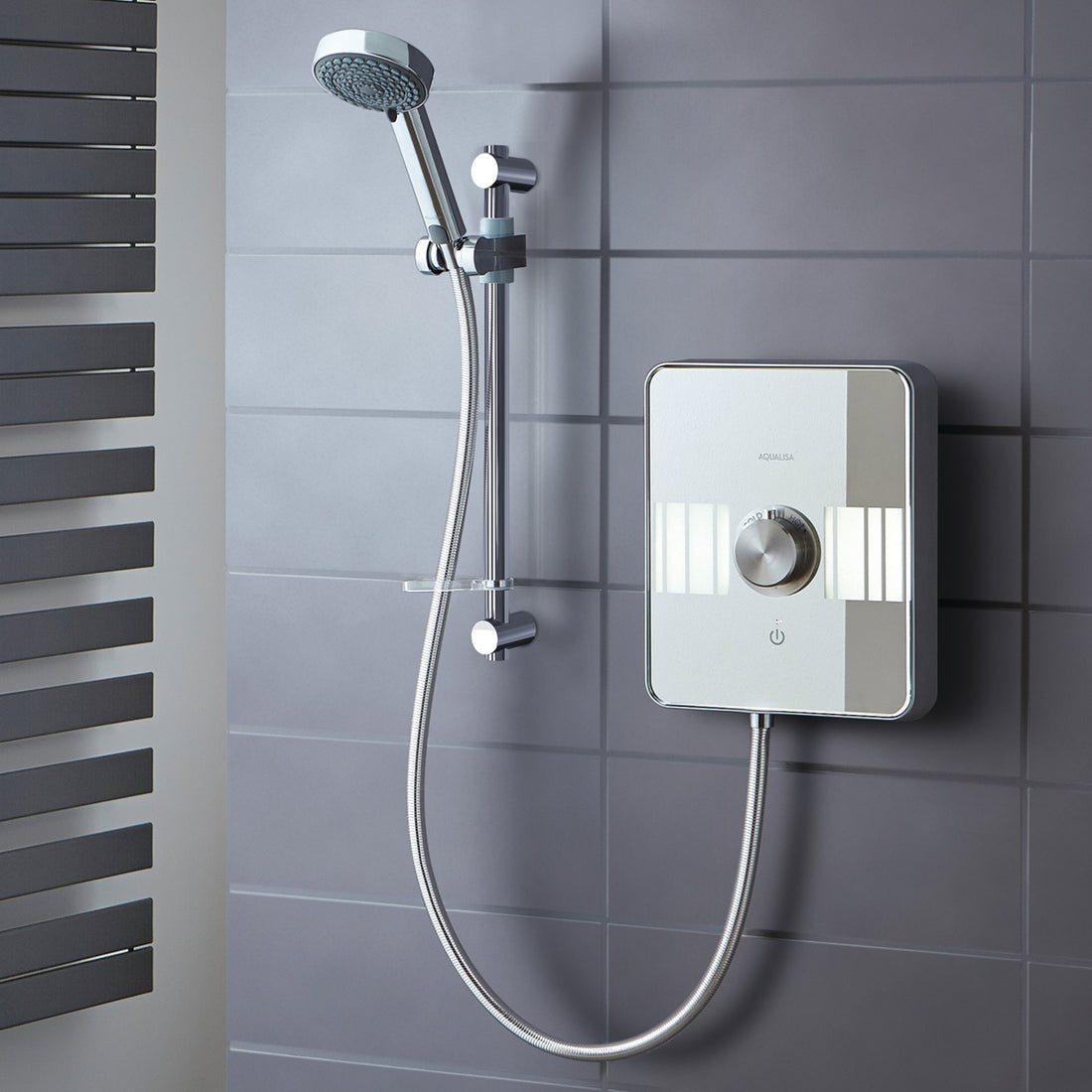 Aqualisa Lumi Electric 9.5Kw Shower With Adjustable Head against grey wall panels LME9501