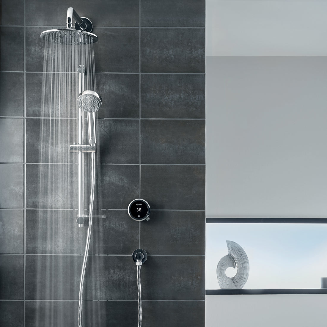Aqualisa Quartz Touch Smart Shower - Concealed With Adjustable &amp; Fixed Wall Head against grey tiling QZST.A1.BV.DVFW.20