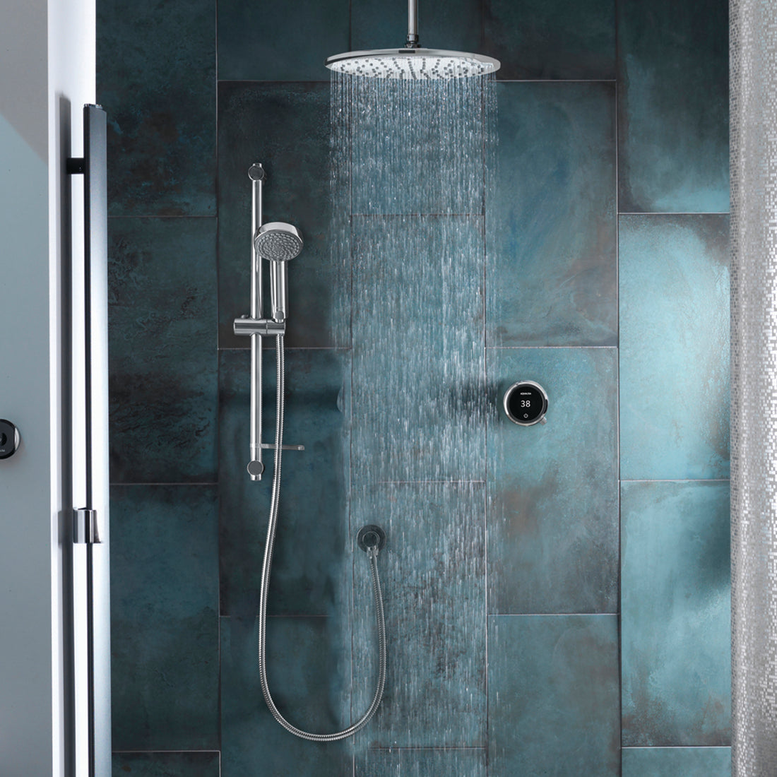 Aqualisa Quartz Touch Smart Shower - Concealed With Adjustable &amp; Fixed Ceiling Head against dark blue wall panels QZST.A1.BV.DVFC.20