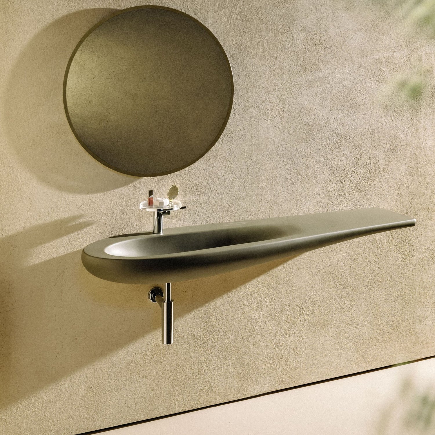 Laufen Ilbagnoalessi Countertop matt cafe Washbasin left hand tap - 1600 x 500mm on beige painted wall with mirror