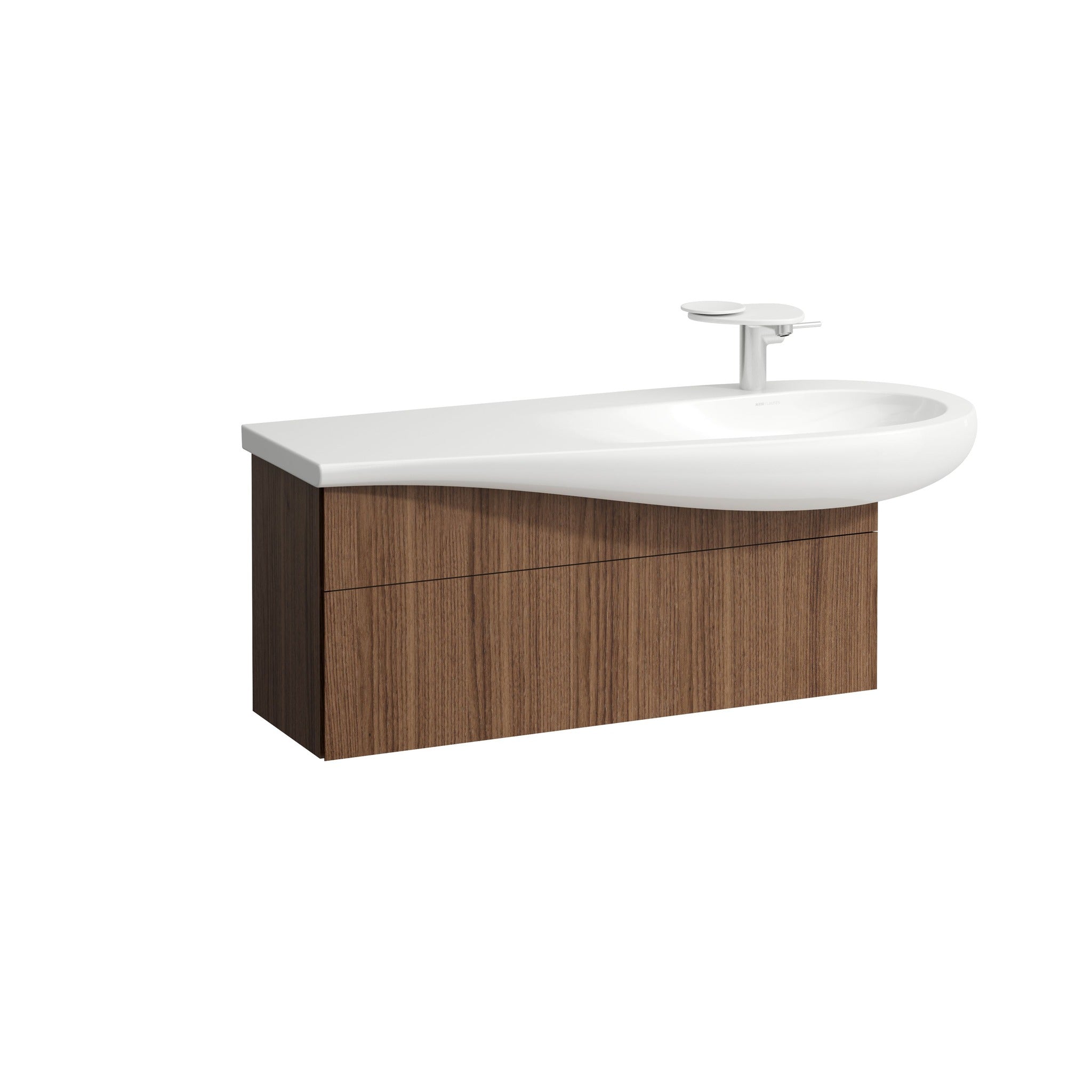 Laufen Ilbagnoalessi 1200 x 500 Countertop white Washbasin right hand tap with matching 995 Noce Canaletto vanity white background