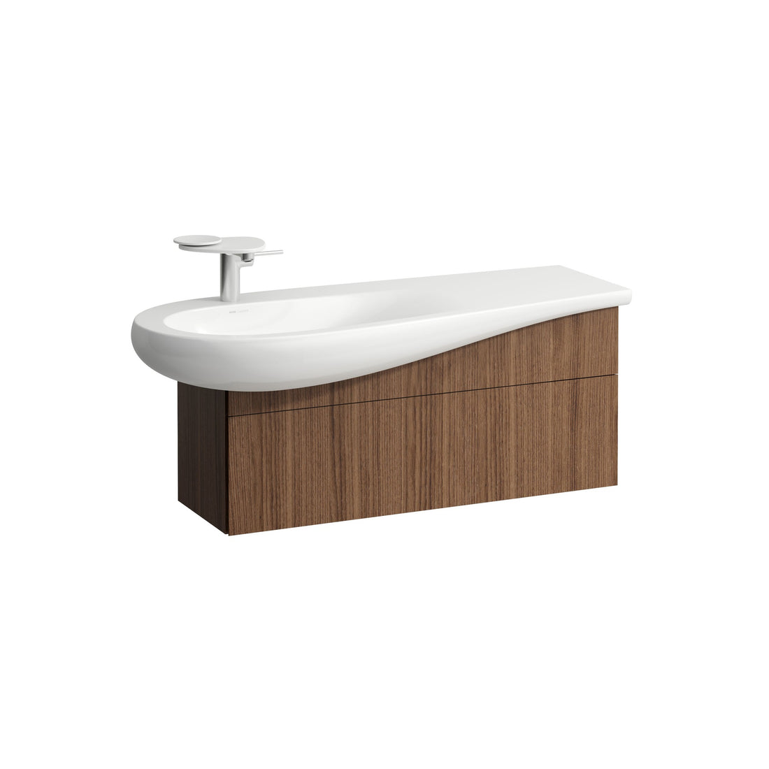 Laufen Ilbagnoalessi 1200 x 500 Countertop white Washbasin left hand tap with matching 995 Noce Canaletto vanity white background