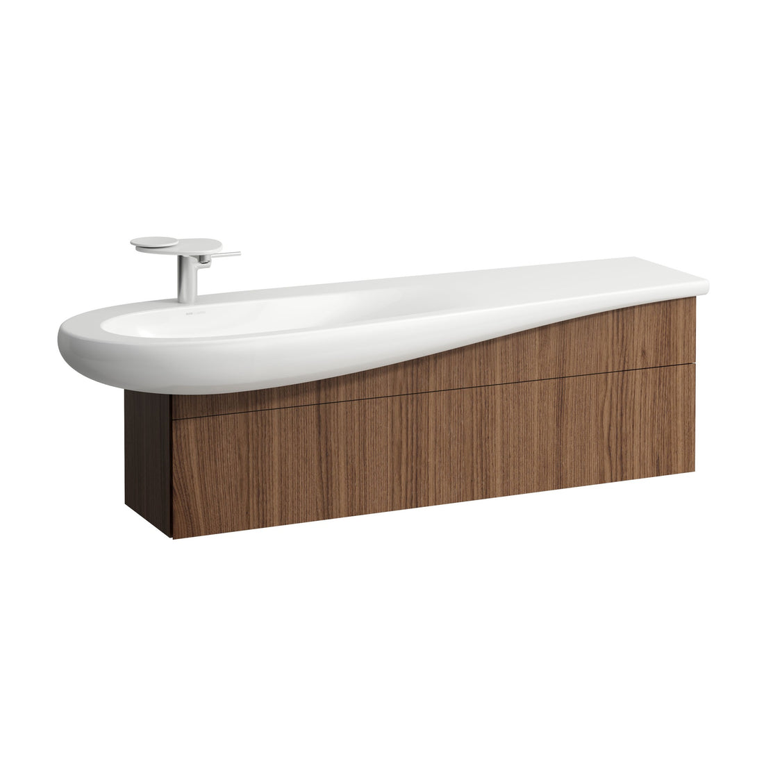 Laufen Ilbagnoalessi 1600 x 500 Countertop white Washbasin left hand tap with matching 1350 Noce Canaletto vanity white background