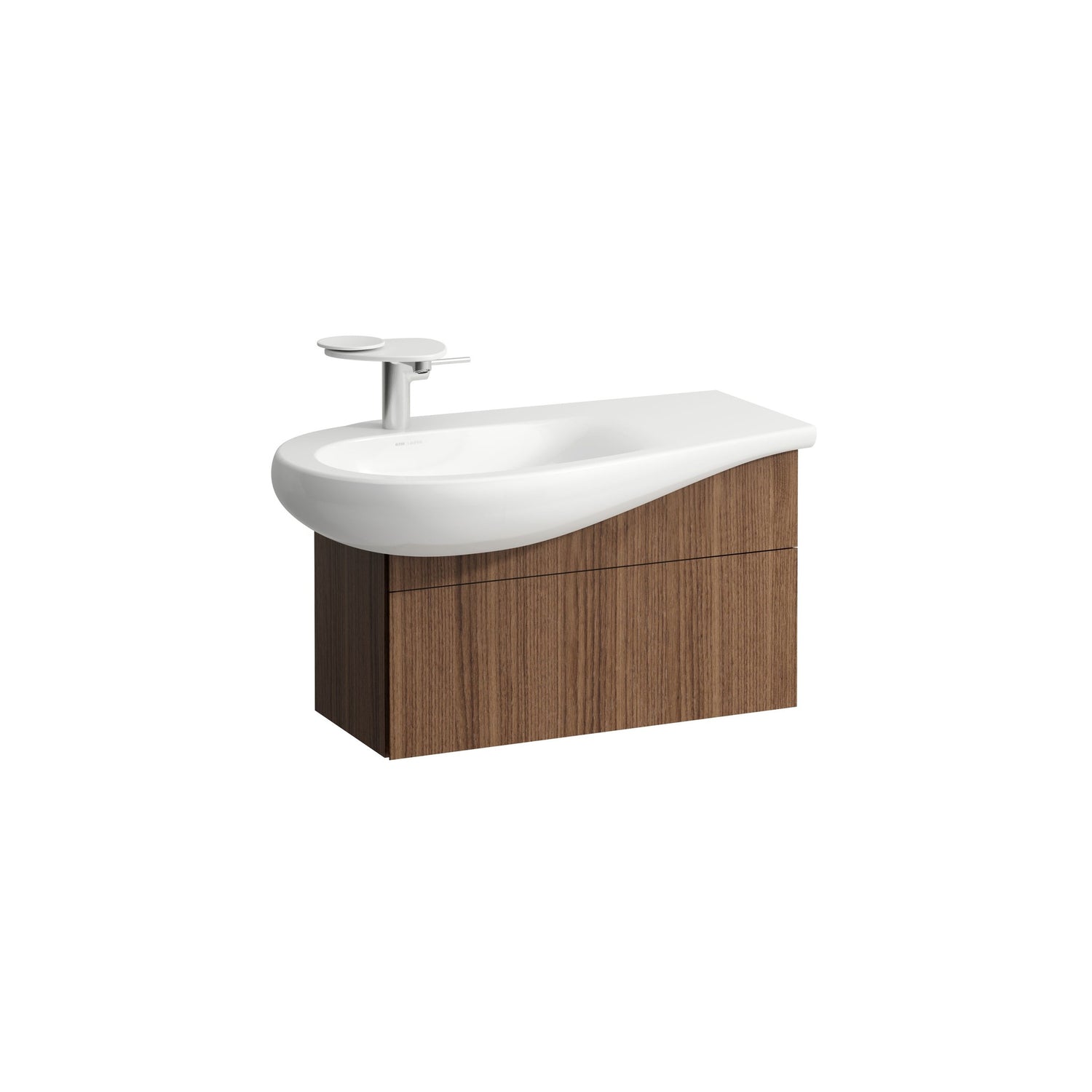 Laufen Ilbagnoalessi 900 x 500 Countertop white Washbasin left hand tap with matching 730 Noce Canaletto vanity white background