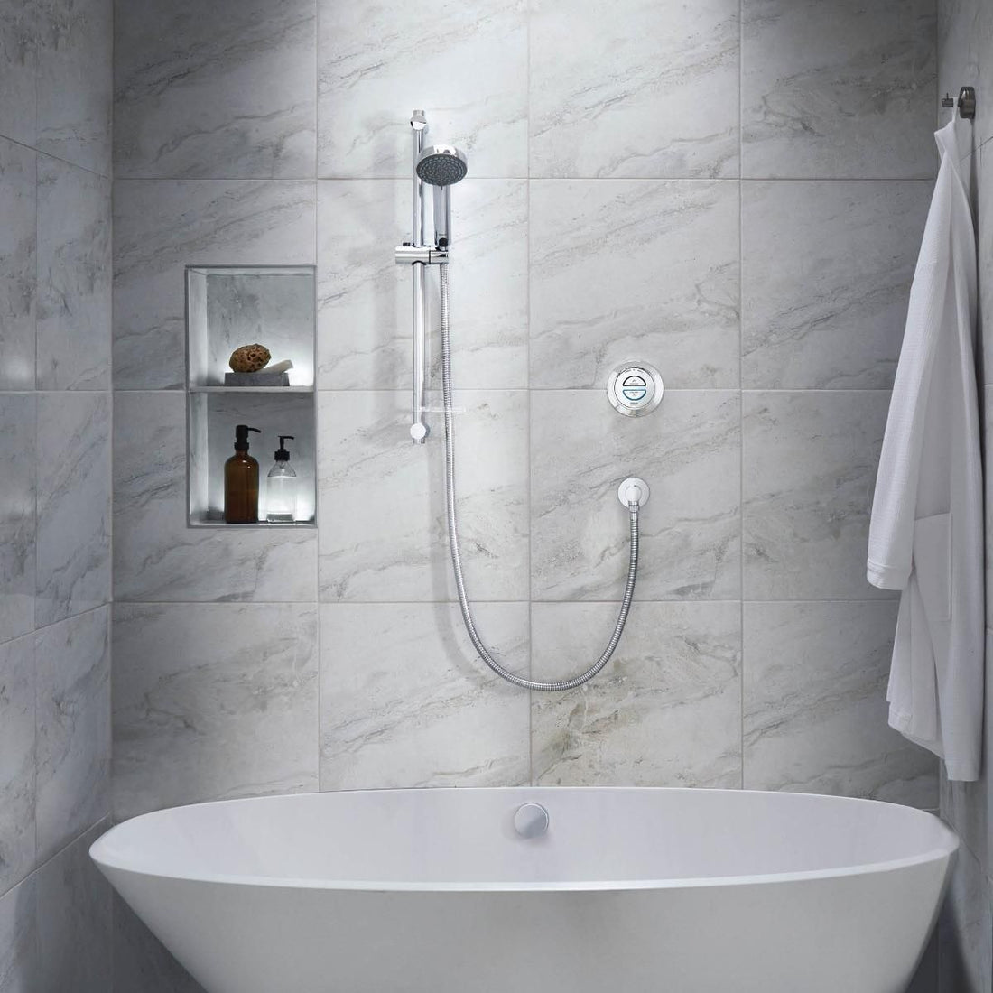 Aqualisa Quartz Classic Smart Shower - Concealed With Adjustable Head &amp; Bath Overflow Filler against white panel wall QZD.A1.BV.DVBTX.20