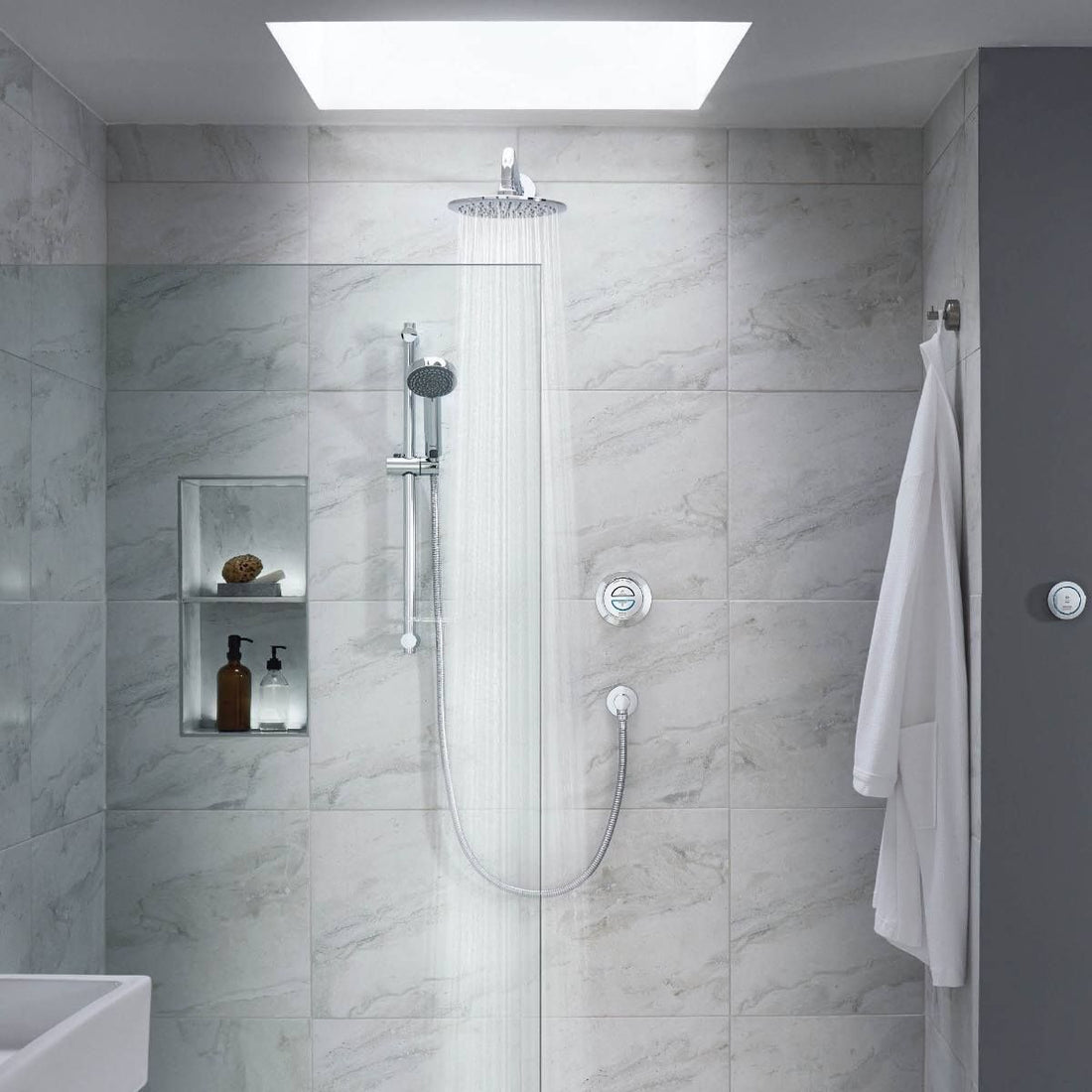 Aqualisa Quartz Classic Smart Shower - Concealed With Adjustable &amp; Wall Fix Head against white panel wall QZD.A1.BV.DVFW.20